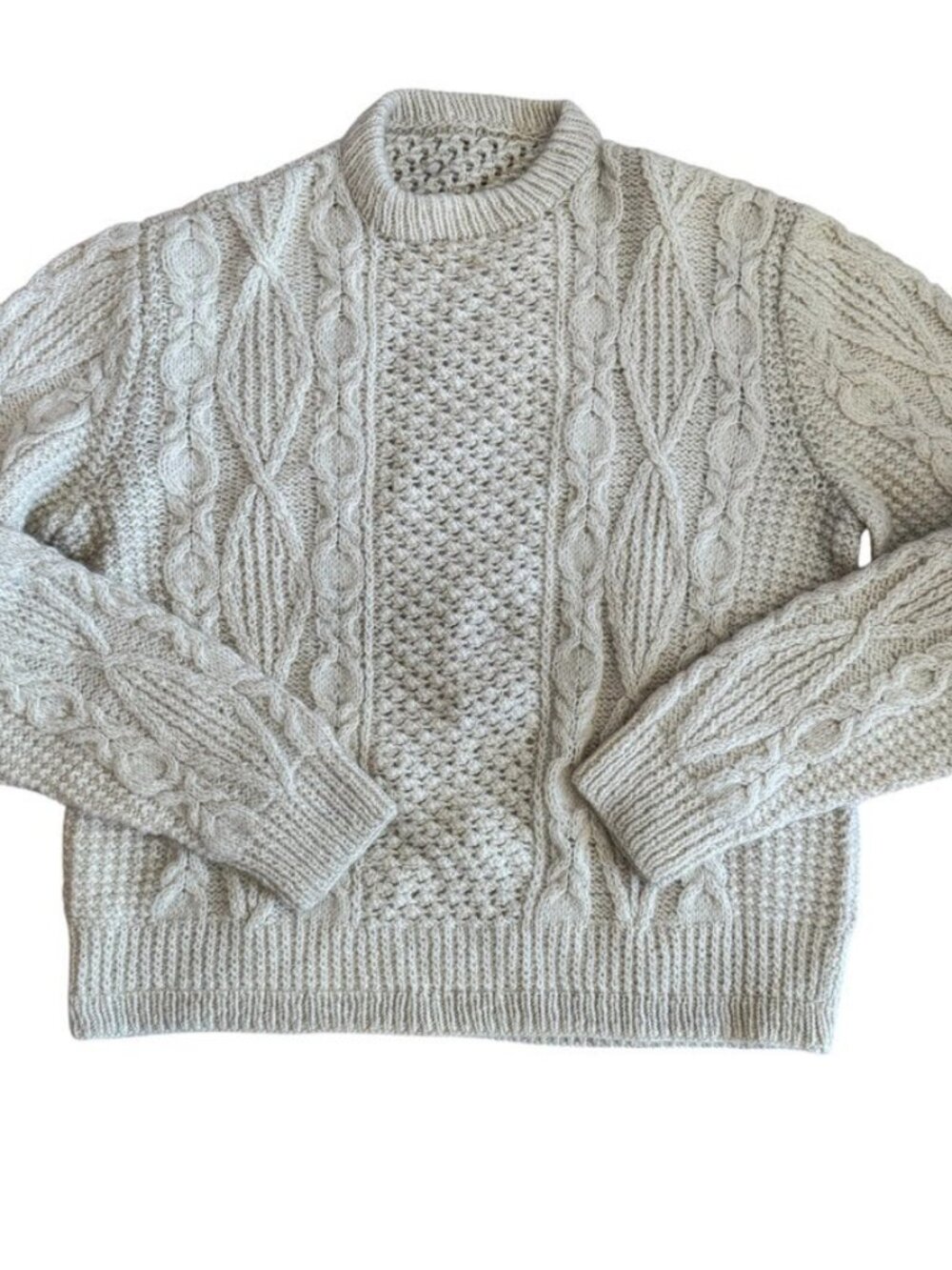 Vintage Unisex 100% Wool White Rustic Chunky Cable Knit Hand Knit Irish Sweater